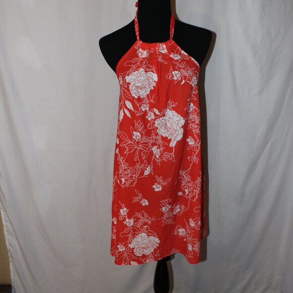 CHVITY ORANGE SALMON TANGERINE W/WHITE FLORAL TIE HALTER DRESS SIZE SMALL NWT's - Picture 1 of 16